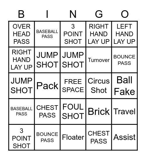 Basketball Skills Bingo Card