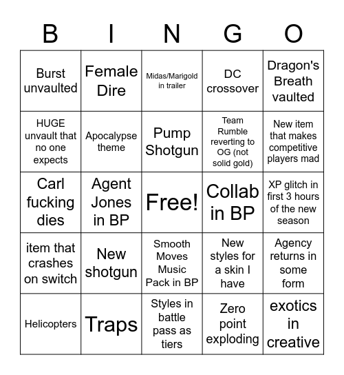 Fortnite Chapter 2 Season 6 Bingo Card