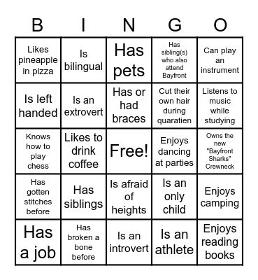 ASB Get To Know You Bingo Card
