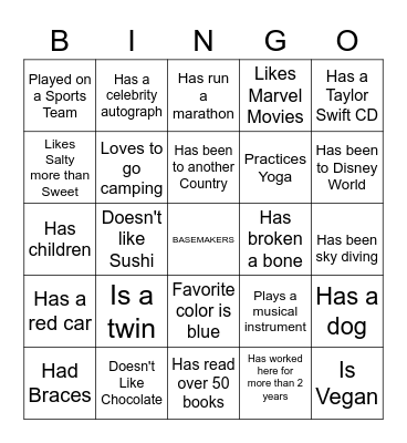 Basemakers Get to know you Bingo Card