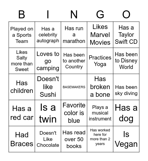 Basemakers Get To Know You Bingo Card