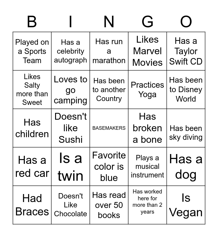 Basemakers Get to know you Bingo Card