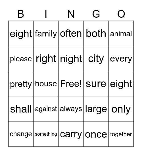 Trick Word Bingo Card