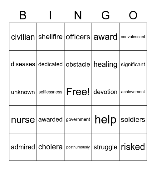 Mary Seacole Bingo Card