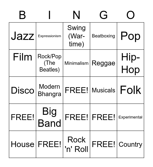 20th Century Music Bingo Card
