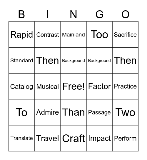 Spelling Bingo Card