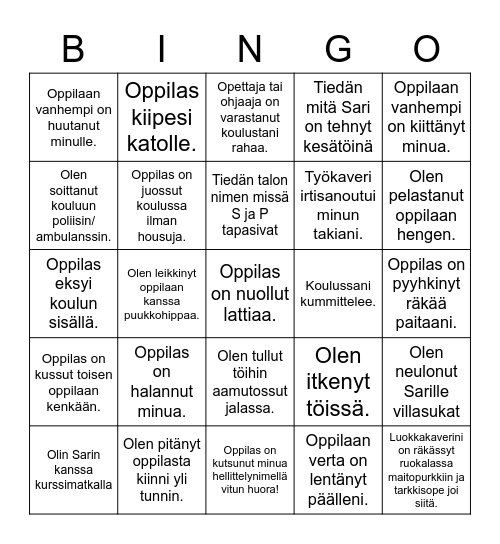 ERITYISOPETUS-BINGO Card