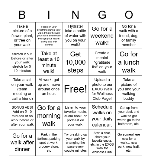Walk for Wellness Bingo Card