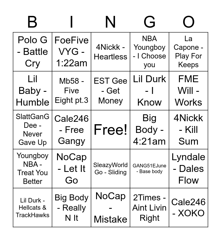 Music Bingo Card - lil durk roblox id code hellcat