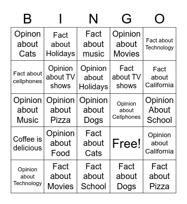 Opinion VS. Fact Bingo Card