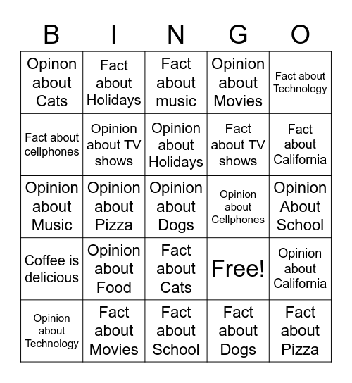Opinion VS. Fact Bingo Card
