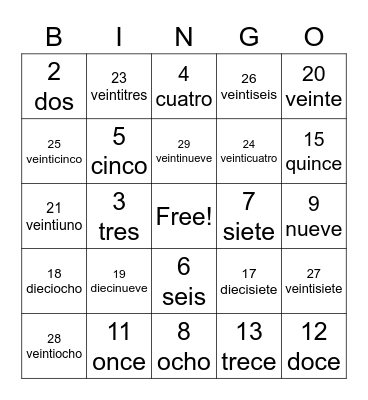 Numeros a 30 Bingo Card