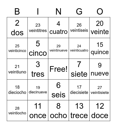 Numeros a 30 Bingo Card