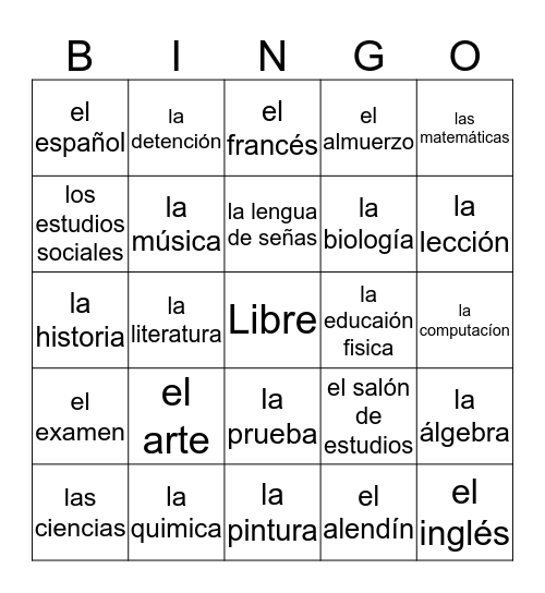 Español Bingo Card