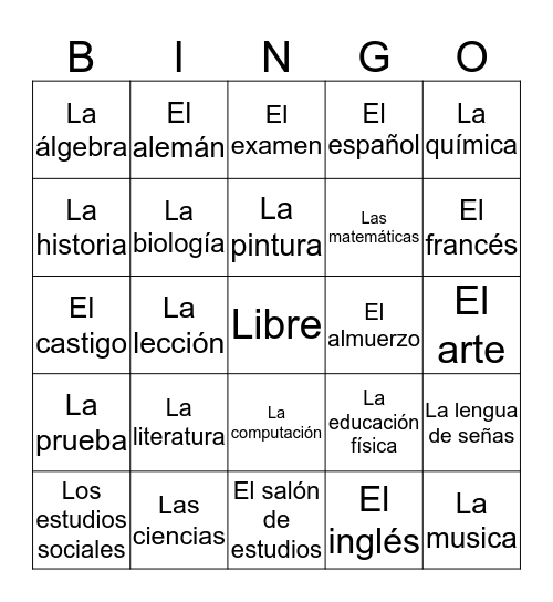 Bingo de Español Bingo Card
