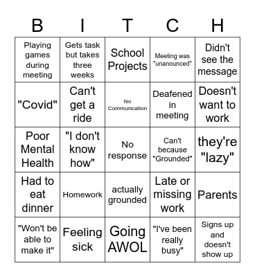 YETI Excuses Bingo Card