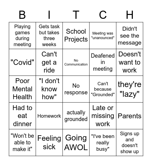 YETI Excuses Bingo Card