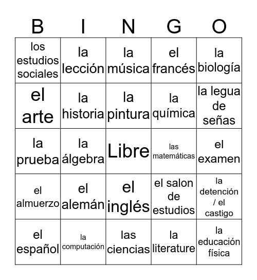 Bingo de español Bingo Card