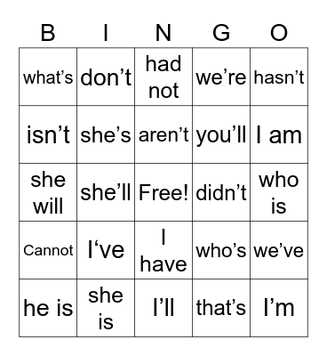 English Contractions Bingo Card