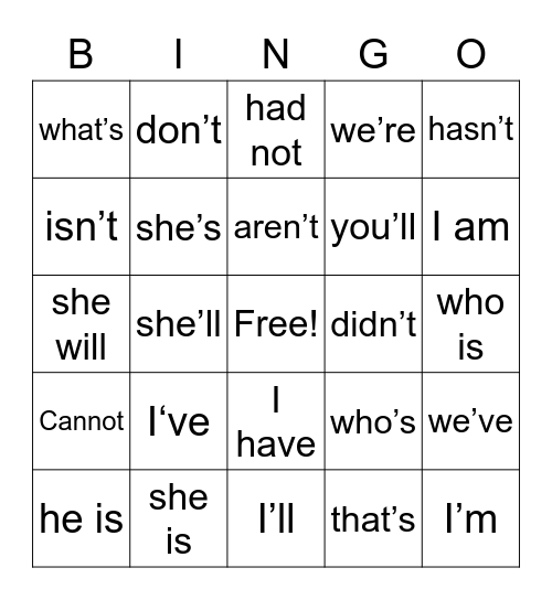 English Contractions Bingo Card