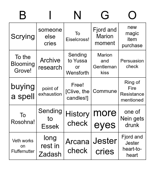 A Screwball Comedy Directed by Jester Lavorre [Critical Role 2.130] Bingo Card