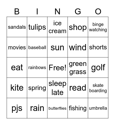 Spring Break Bingo Card