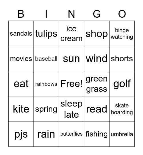 Spring Break Bingo Card