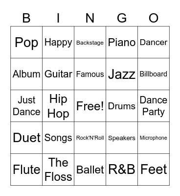 Gabriel's Dance Party Bingo Card