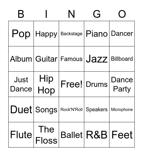 Gabriel's Dance Party Bingo Card