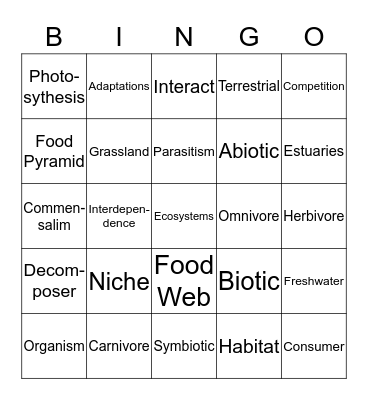 Ecosystems Bingo Card