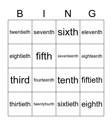 Ordinal Numbers Bingo Card