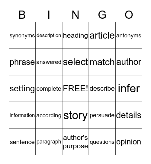 Test Words Bingo Card