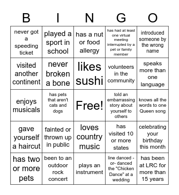 LRC  BINGO Card