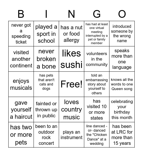 LRC  BINGO Card