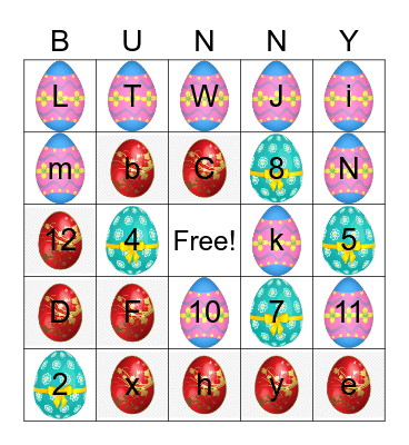 Easter letters and numbers Bingo Card