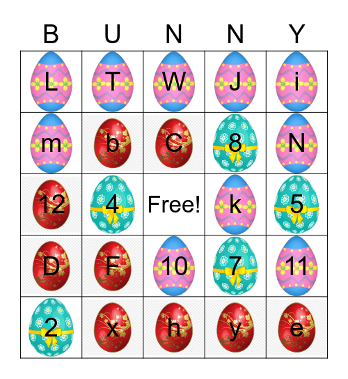 Easter letters and numbers Bingo Card