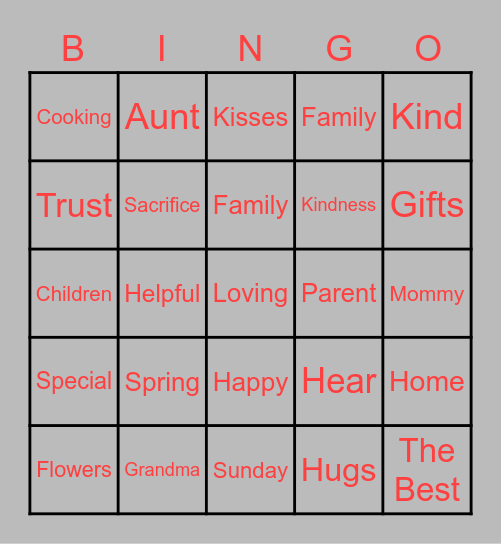 Mothers Day Bingo Card