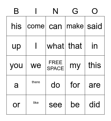 Sight Word Bingo Card