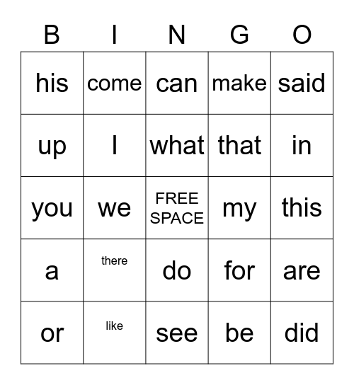 Sight Word Bingo Card
