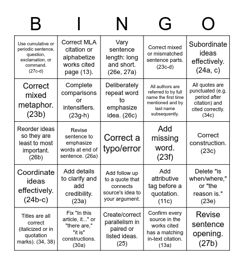 Effective Sentences and MLA (HE) Bingo Card