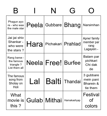 Holi Bingo Card
