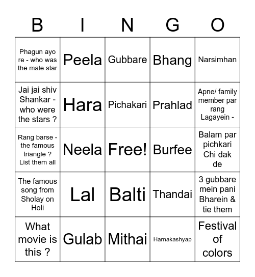 Holi Bingo Card
