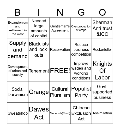 Unit 6 USHG Bingo Card