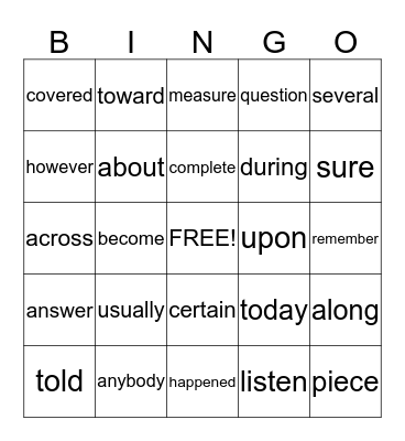Fourth set of sight words Bingo Card