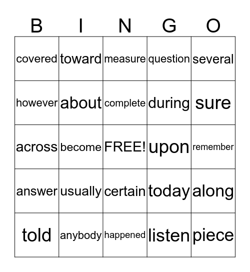 Fourth set of sight words Bingo Card