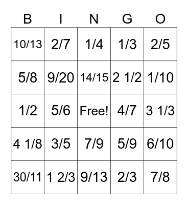 Fraction Bingo Card