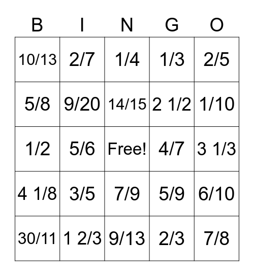 Fraction Bingo Card