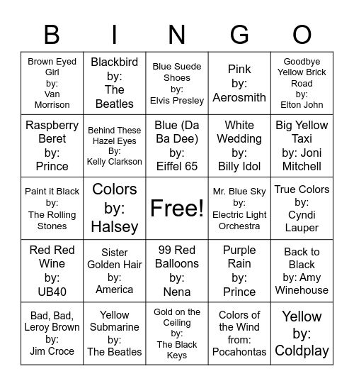 Music Bingo: Colors Bingo Card