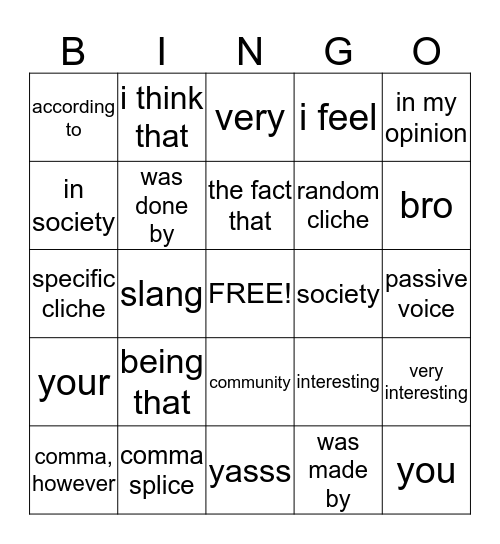 Essay Bingo Card