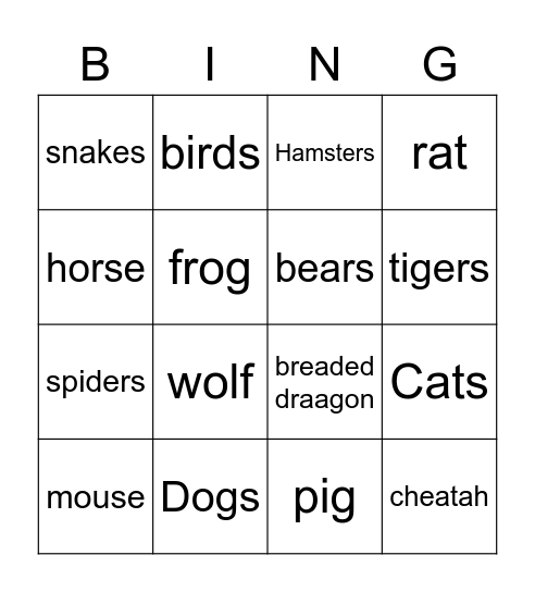 Pets/ anamils Bingo Card